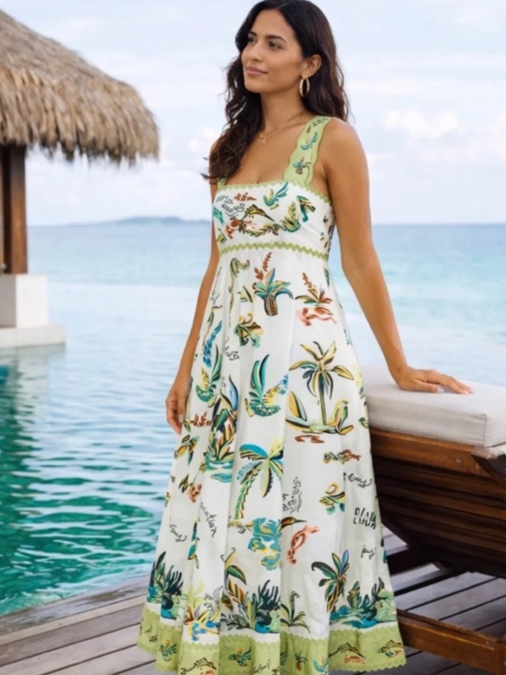 Alémais Day Dream Summer MIDI Dress in Cream & Green Multi Size US 6